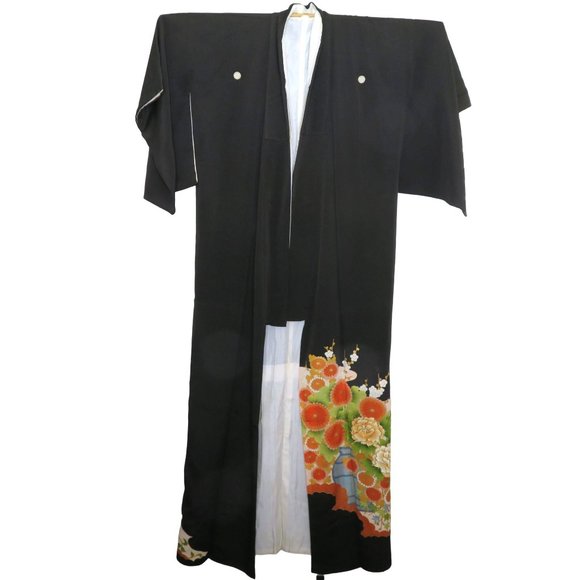 Japanese Kimono Silk Houmongi Vintage Black Multi Floral Copper Metallic 62 inch - Picture 3 of 16